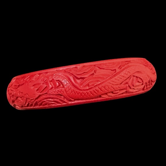 Vintage Chinese Red Carved Cinnabar Dragons Bangle Bracelet Red - Picture 3 of 9